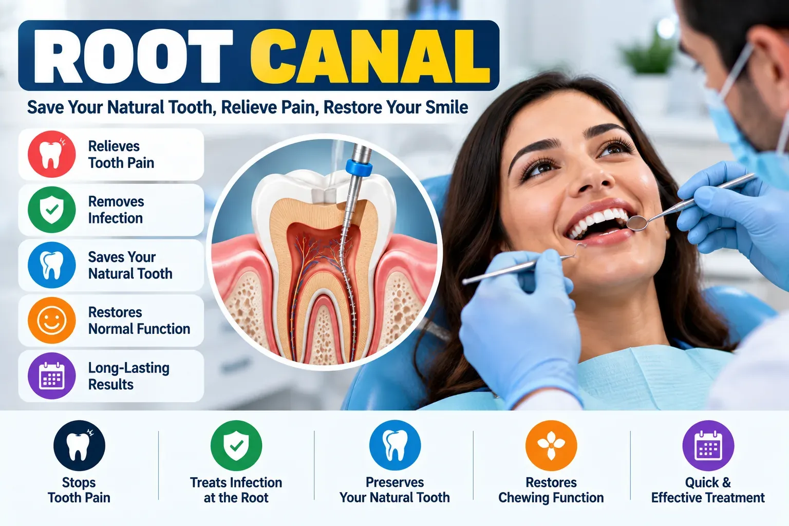Root canal treatment in Sonipat diagram showing infected pulp, canal cleaning and a crown restoring the natural tooth